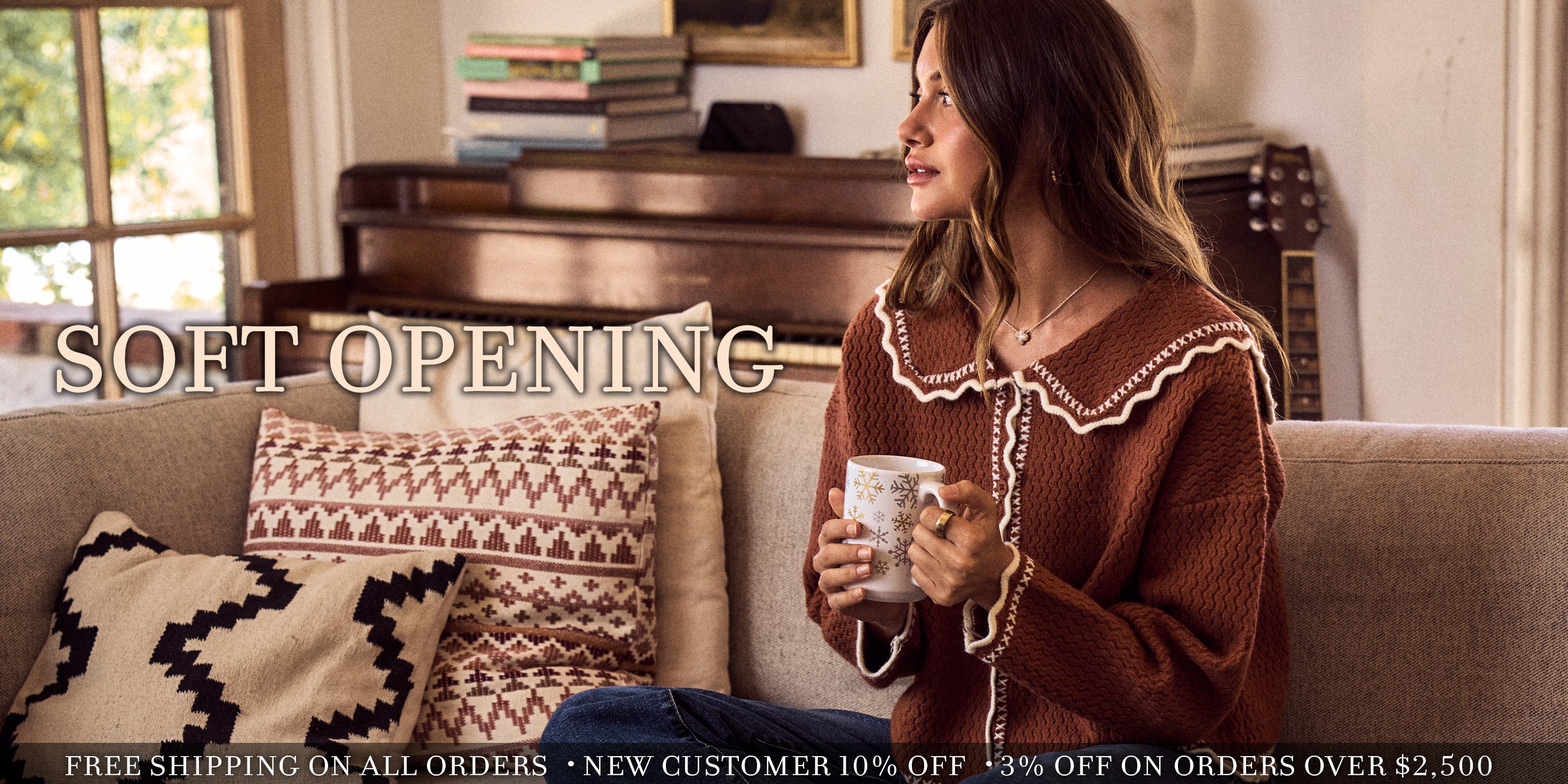 Woman sitting on a couch holding a mug with text about a soft opening and promotional offers.